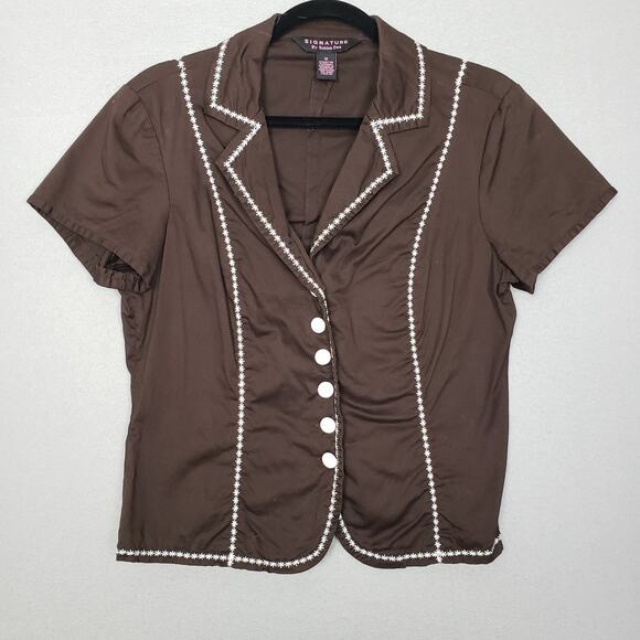Robbie Bee Size 12 Short Sleeve Collared Button Up Blouse Brown White Embroidery - Picture 1 of 6